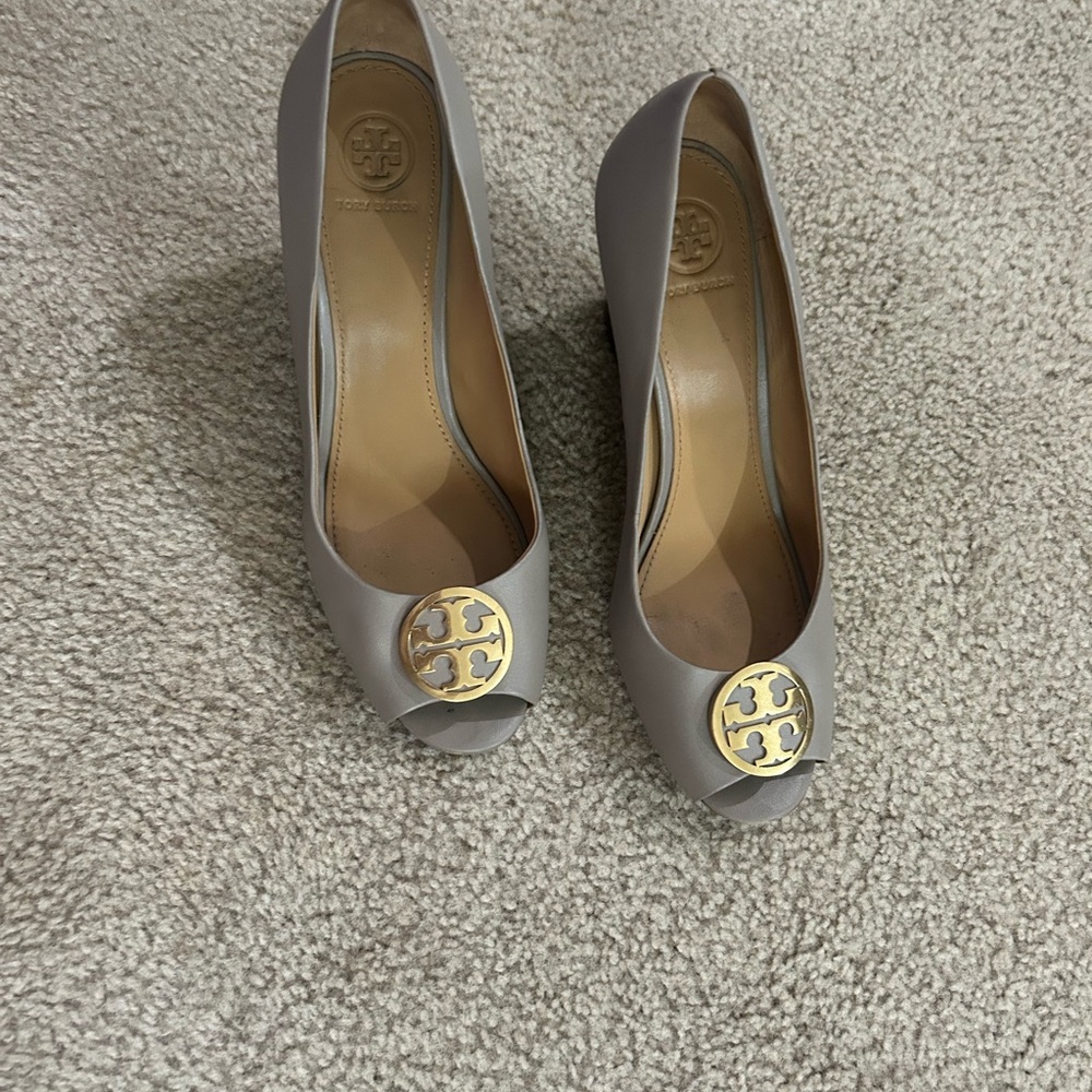 Tory Burch Gray Gold Heels with Medallion- Very Slightly Worn